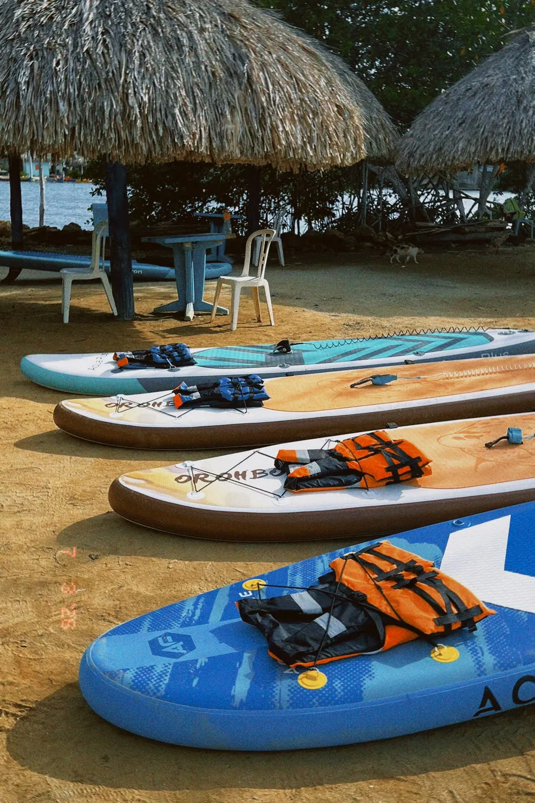 Paddle boards with life jackets on the sand