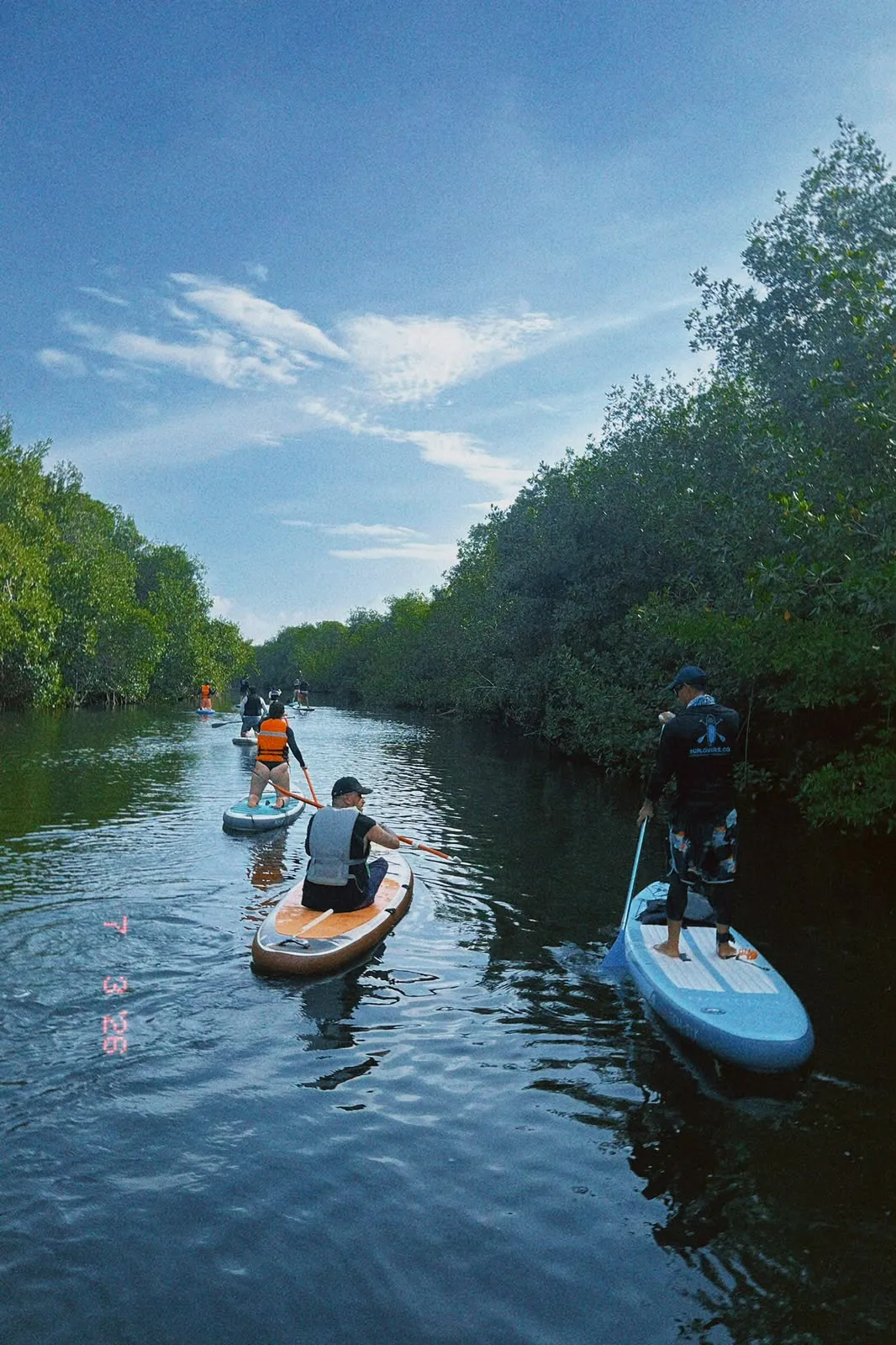 Group paddling through a mangrove channel in the Caimanera